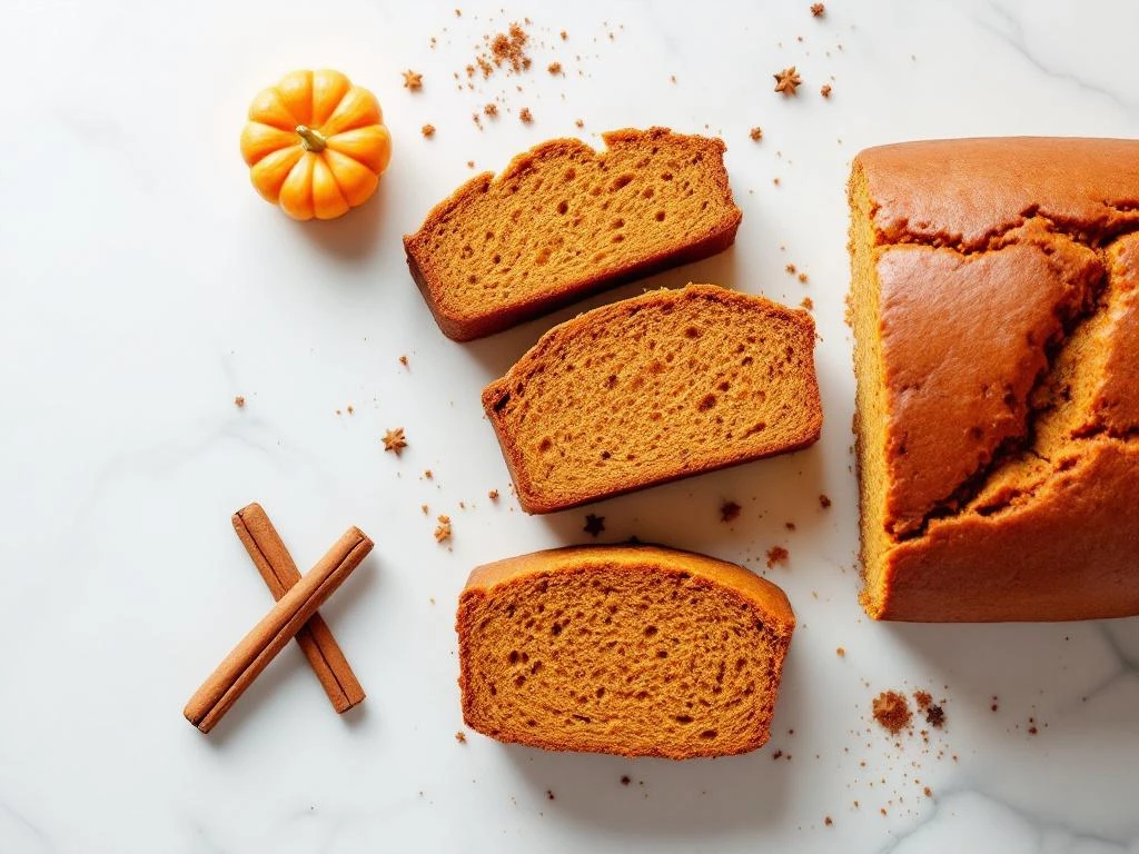 Sliced gluten-free pumpkin spice bread on white marble with cinnamon stick and small pumpkin accent