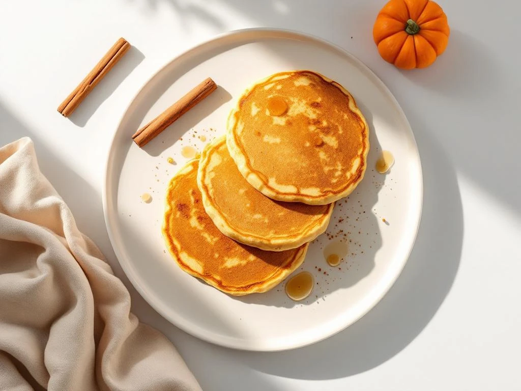 Three gluten-free pumpkin spice pancakes arranged diagonally on white plate with cinnamon stick and small pumpkin accent