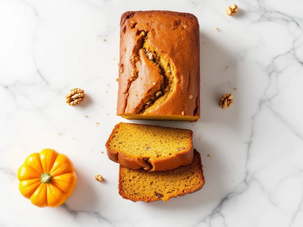 Gluten-free pumpkin walnut bread sliced on white marble with walnuts and autumn accents in natural light