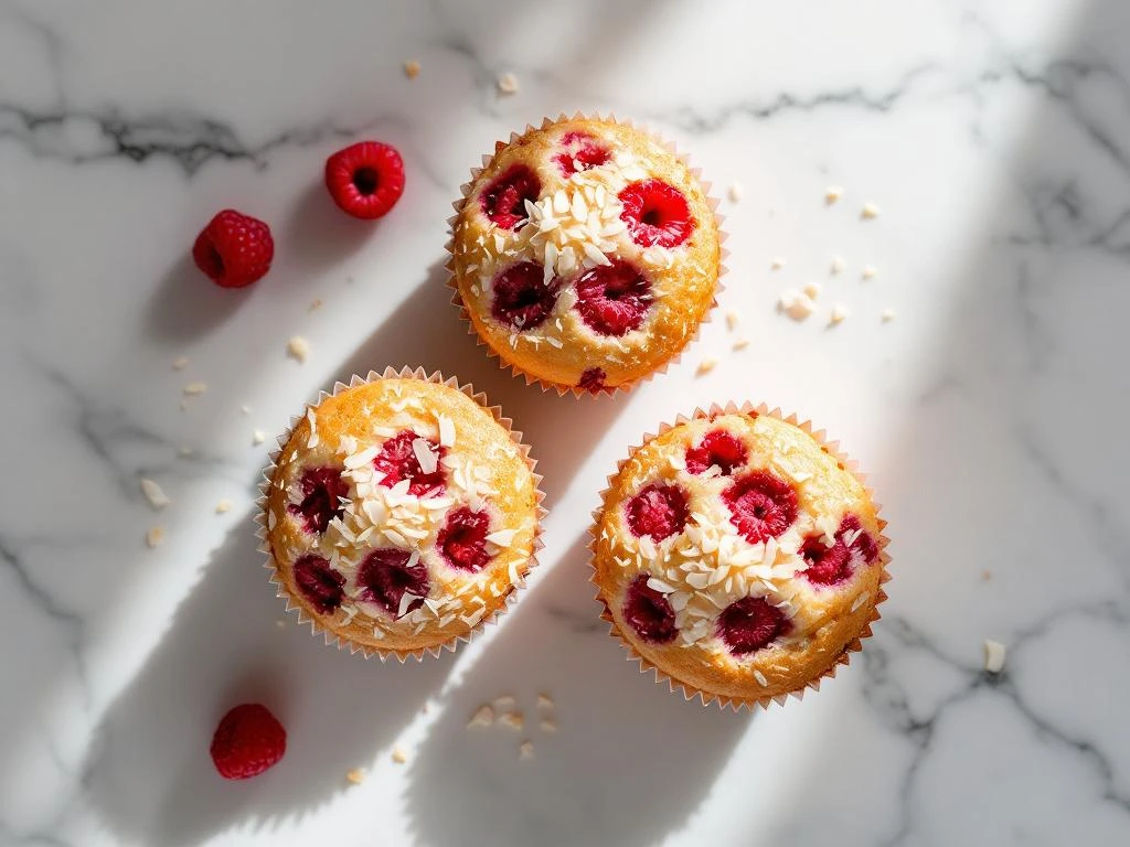 Three gluten-free raspberry coconut muffins arranged on white marble with fresh berries and coconut flakes