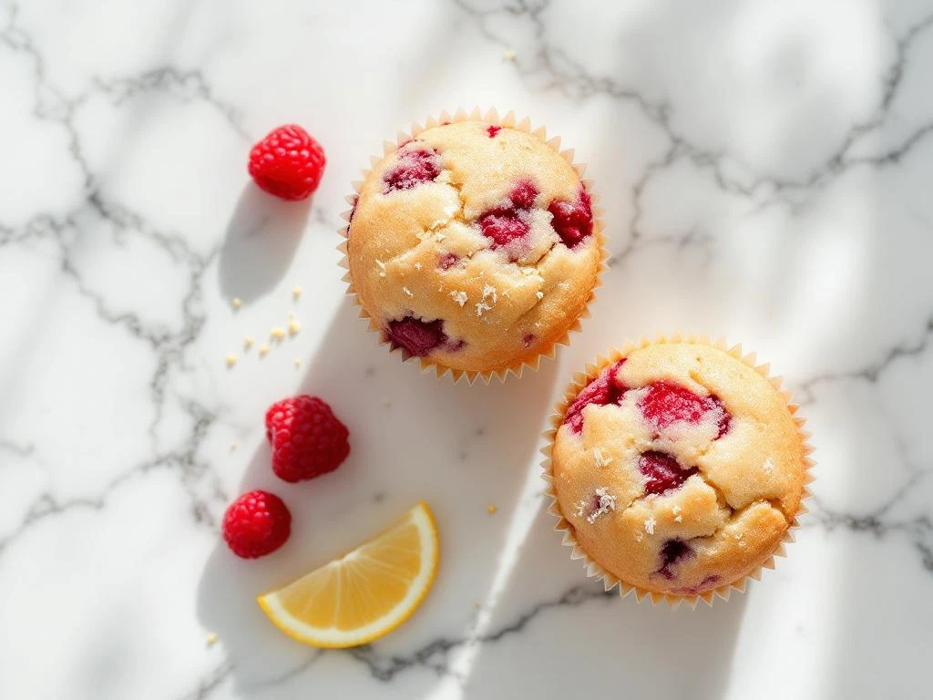 Three gluten-free raspberry lemon muffins on white marble with fresh raspberry and lemon slice garnish