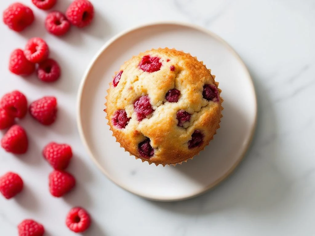 Gluten-free raspberry muffin on white marble with fresh raspberries arranged around a ceramic plate in natural light