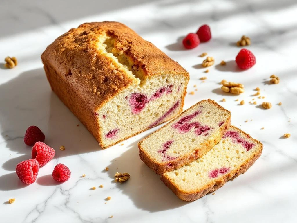 Sliced gluten-free raspberry walnut bread on white marble with fresh raspberries and walnuts scattered around it