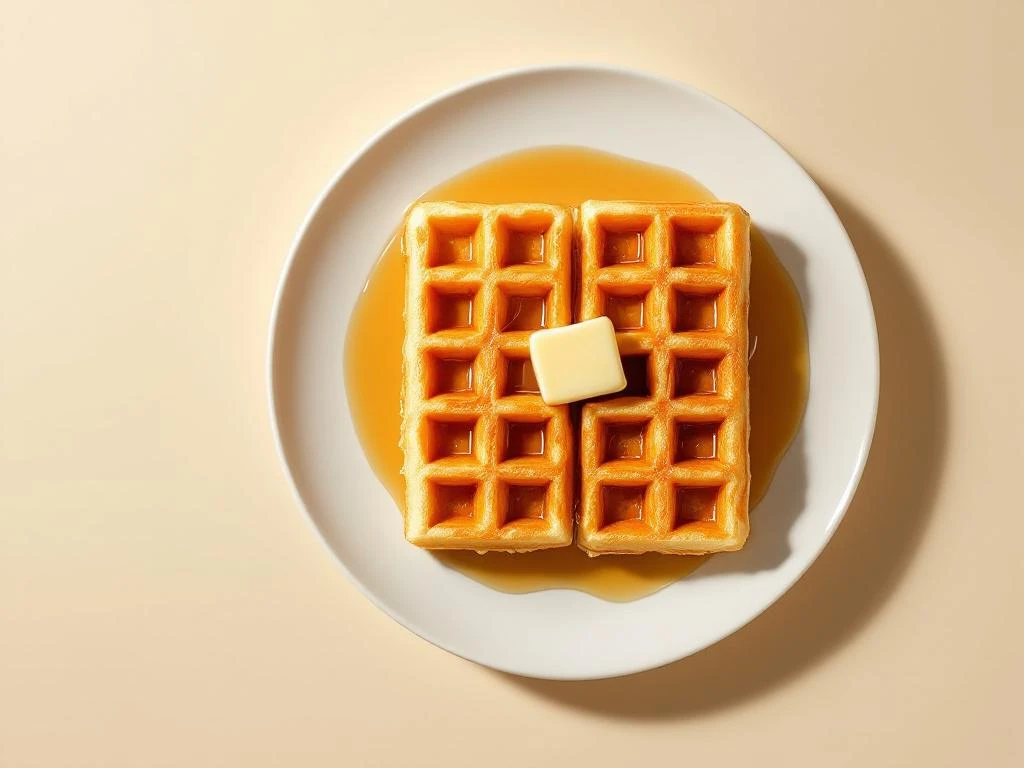Golden gluten-free waffle with maple syrup and melting butter on white plate, overhead view with natural lighting