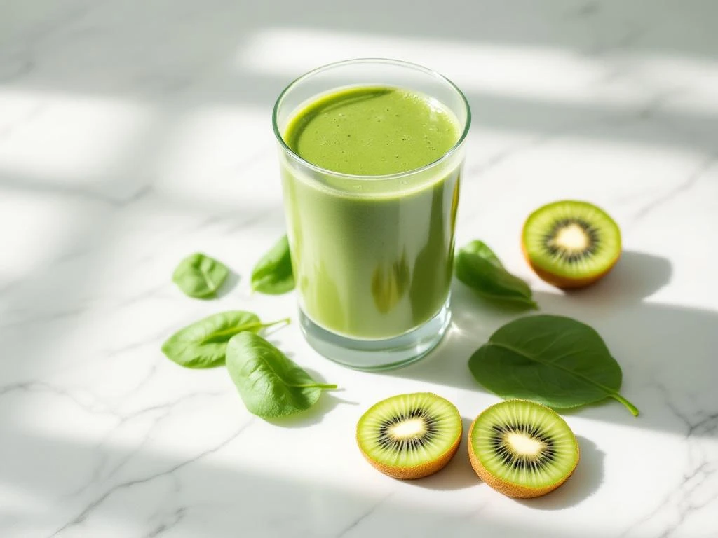 Green smoothie in glass with fresh spinach leaves and kiwi slices on white marble surface