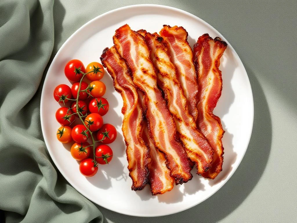 Grilled bacon strips and roasted cherry tomatoes arranged on white plate with sage green linen backdrop