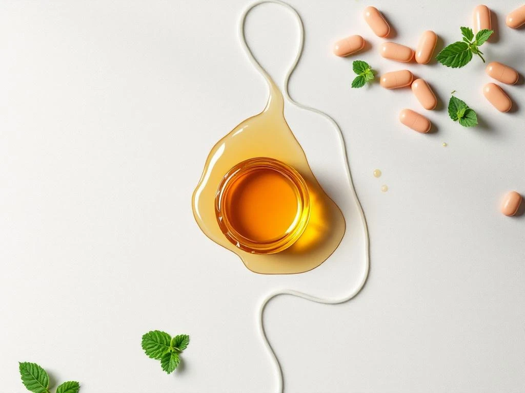 Digestive tract outline in sage green with honey center, mint leaves, and probiotic capsules promoting gut wellness