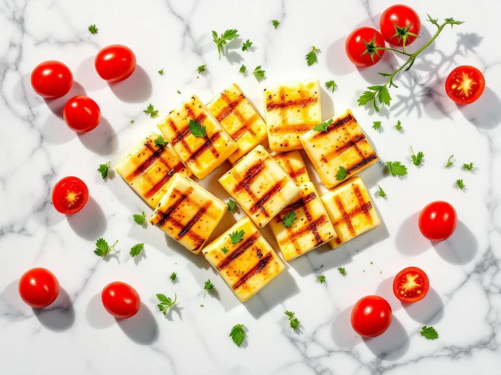 Golden-grilled halloumi cheese slices with cherry tomatoes arranged on white marble surface, overhead view with dramatic lighting
