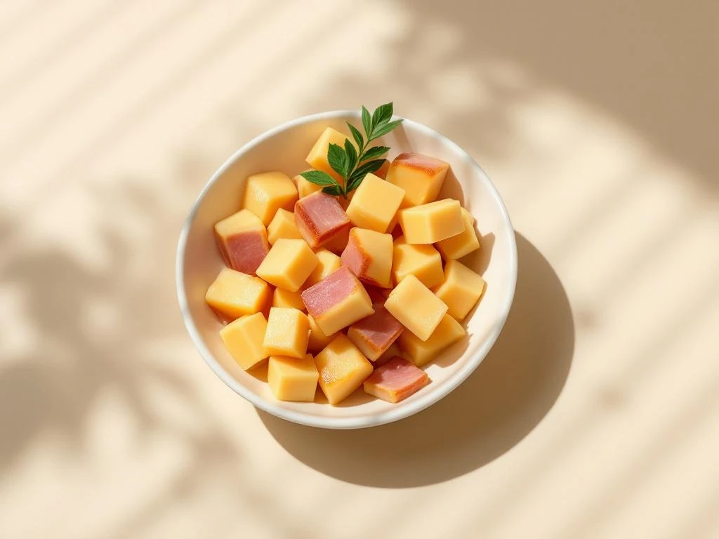 White ceramic bowl with golden-brown cubed ham and melted cheese, garnished with fresh herb on neutral background