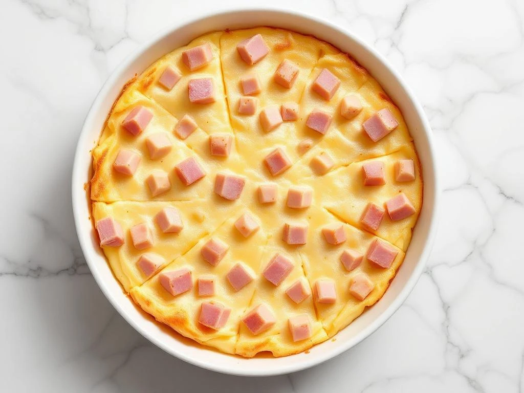 Ham and cheese egg bake with golden custard, pink ham cubes, and melted cheese photographed from above on white marble