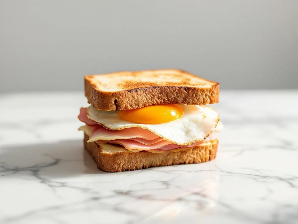 Ham and egg breakfast sandwich with sunny-side egg on toasted bread, photographed on white marble surface