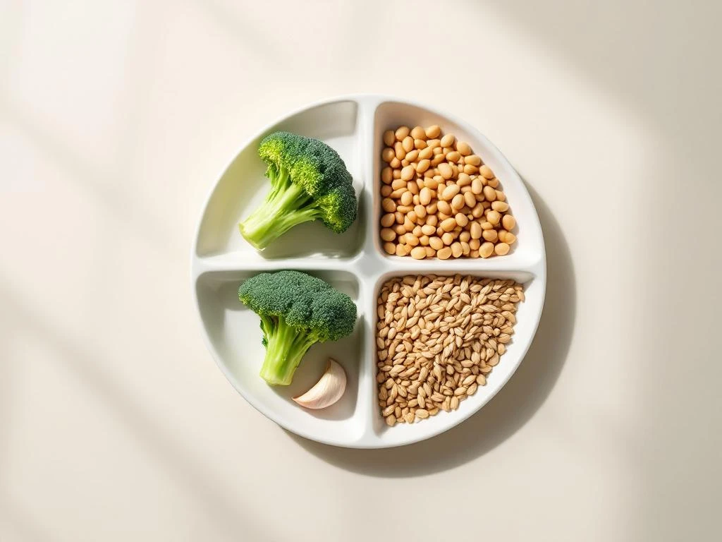 White ceramic plate divided into sections containing raw broccoli, dried beans, wheat grain, and garlic clove from above