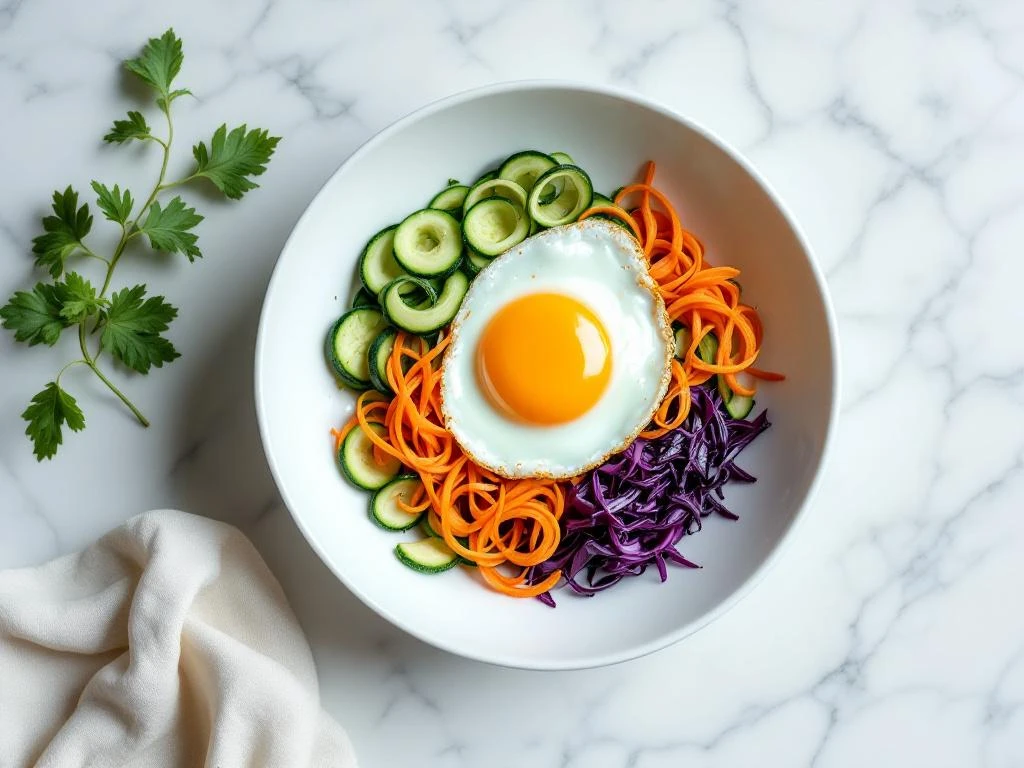 Sunny-side-up egg in white bowl with colorful zucchini, carrot, and cabbage on marble surface
