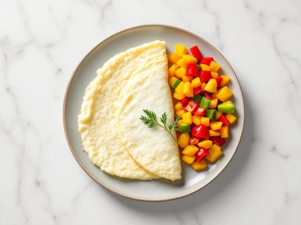 Fluffy egg white omelet with colorful diced bell peppers on white plate, overhead view with natural lighting