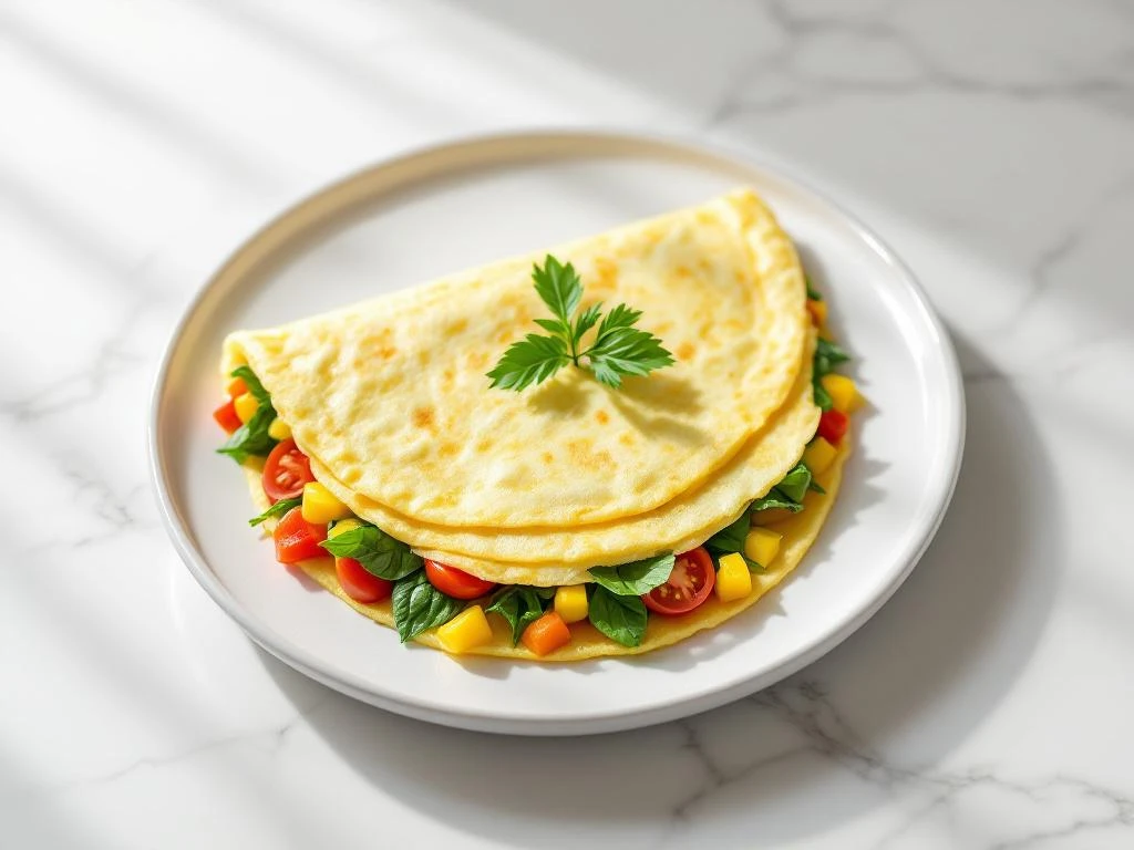 Folded egg white omelet filled with bell peppers, spinach, and cherry tomatoes on white ceramic plate with herb garnish