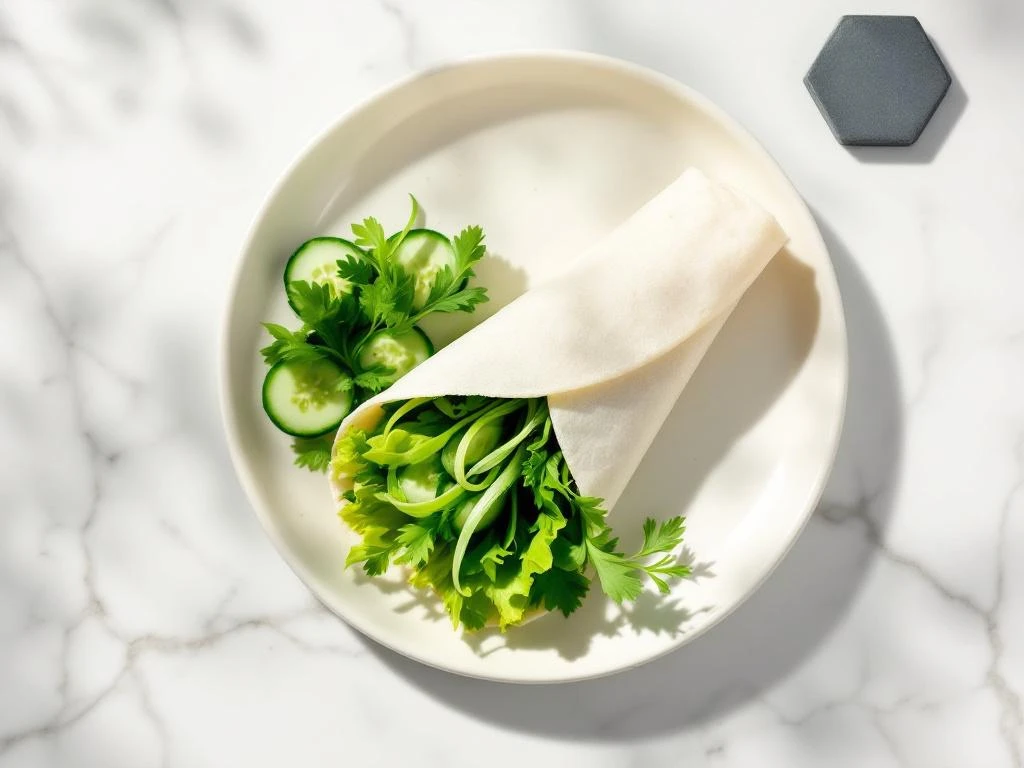 Egg white wrap filled with lettuce, cucumber ribbons, and herbs on white ceramic plate with marble background