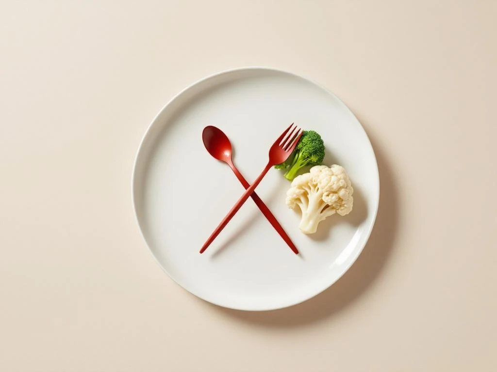 White plate with purple onion, green broccoli, and cauliflower arranged diagonally with red X overlay on beige surface