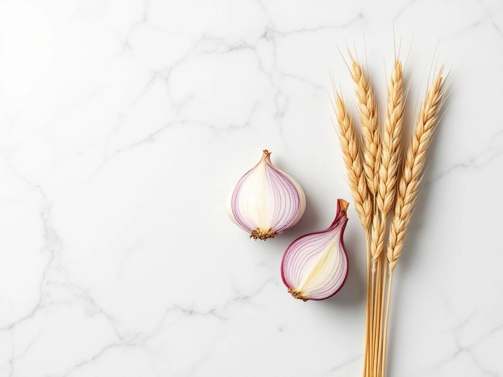 Overhead view of garlic bulb, halved red onion, and wheat stalk arranged on white marble surface showing high-FODMAP foods
