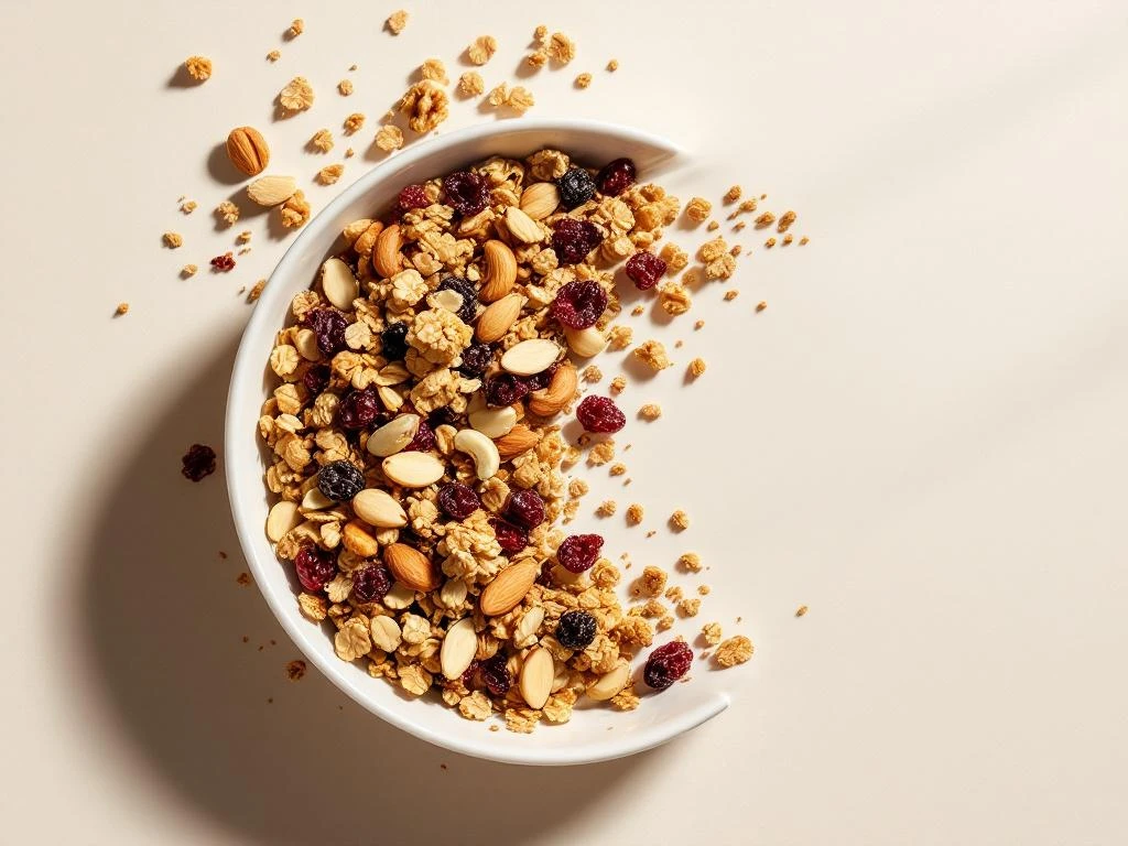 Lactose-free granola with oats, cranberries, almonds, and cashews in white ceramic bowl from overhead view