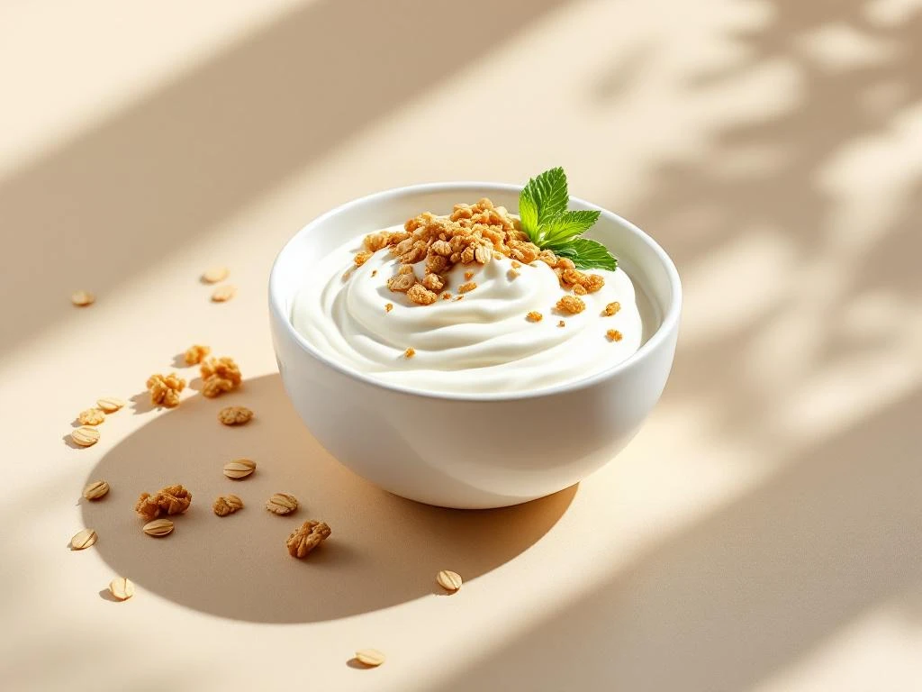 Lactose-free Greek yogurt bowl with granola clusters and mint leaf on beige backdrop with natural lighting