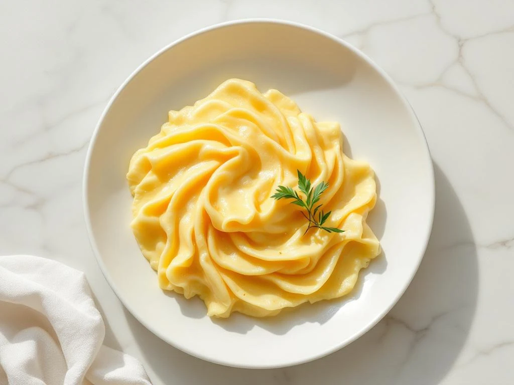 Fluffy golden scrambled eggs with melted lactose-free cheese on white plate, garnished with fresh herb, overhead view