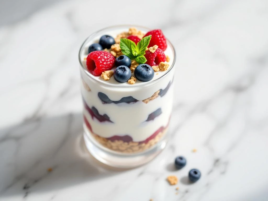 Layered lactose-free yogurt parfait with fresh berries and granola in glass on white marble surface, overhead view