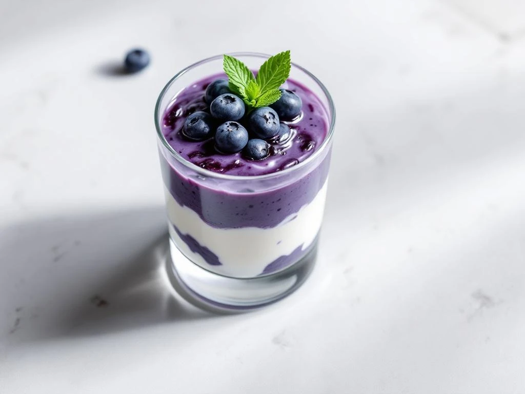 Layered lactose-free yogurt parfait with blueberry compote, fresh blueberries, and mint on stone surface