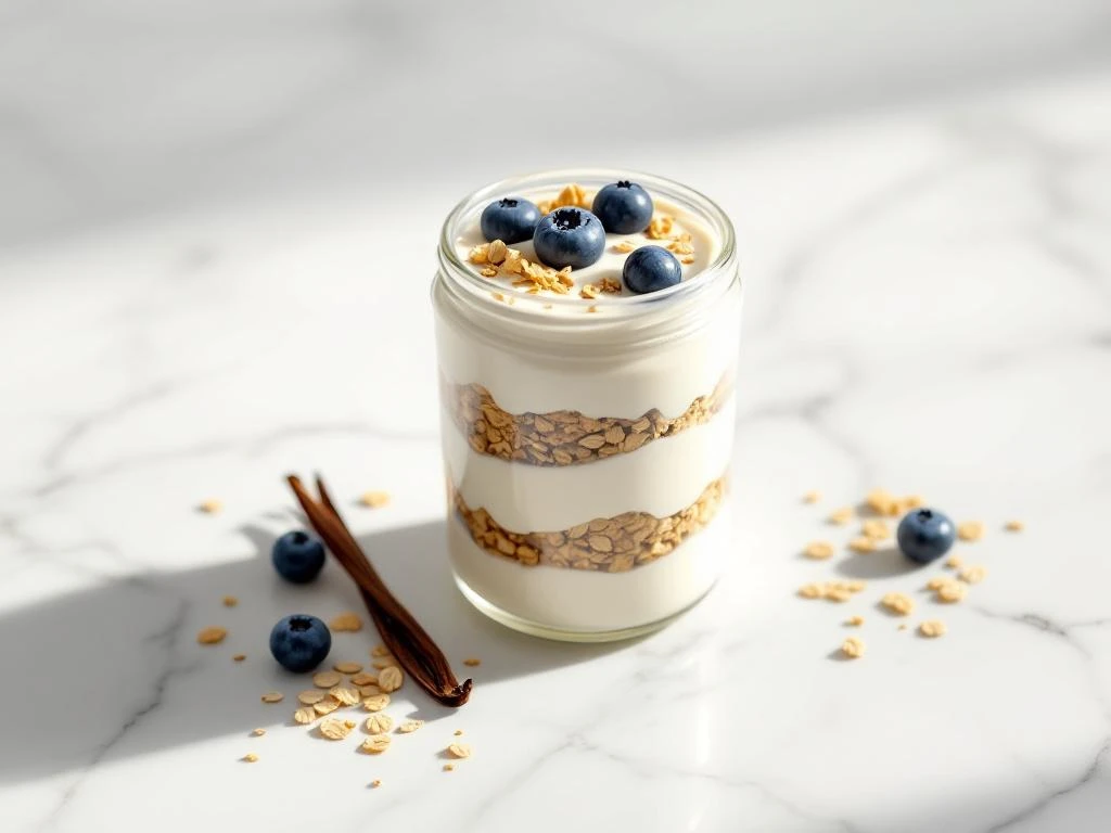 Layered lactose-free vanilla yogurt parfait with granola and blueberries in glass jar on white marble surface