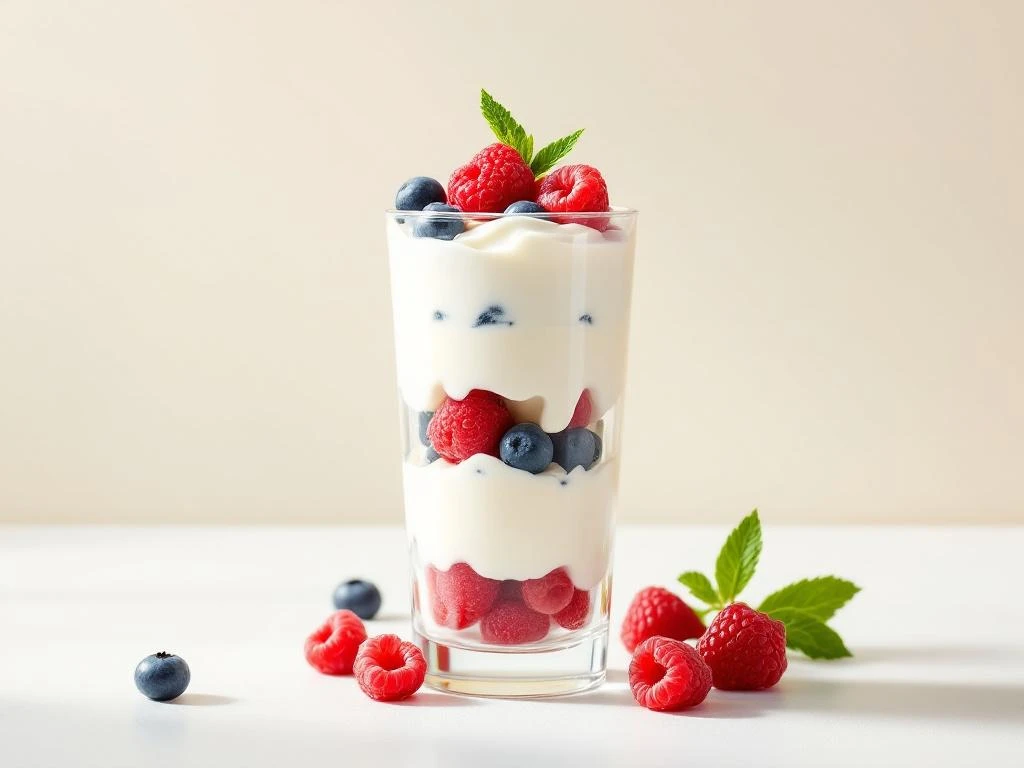 Layered berry parfait with raspberries, blueberries, and vanilla cream in glass, topped with mint leaf on white surface