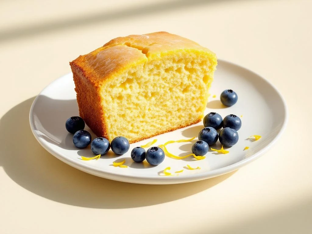 Slice of lemon blueberry bread on white plate with fresh blueberries and lemon zest on cream background