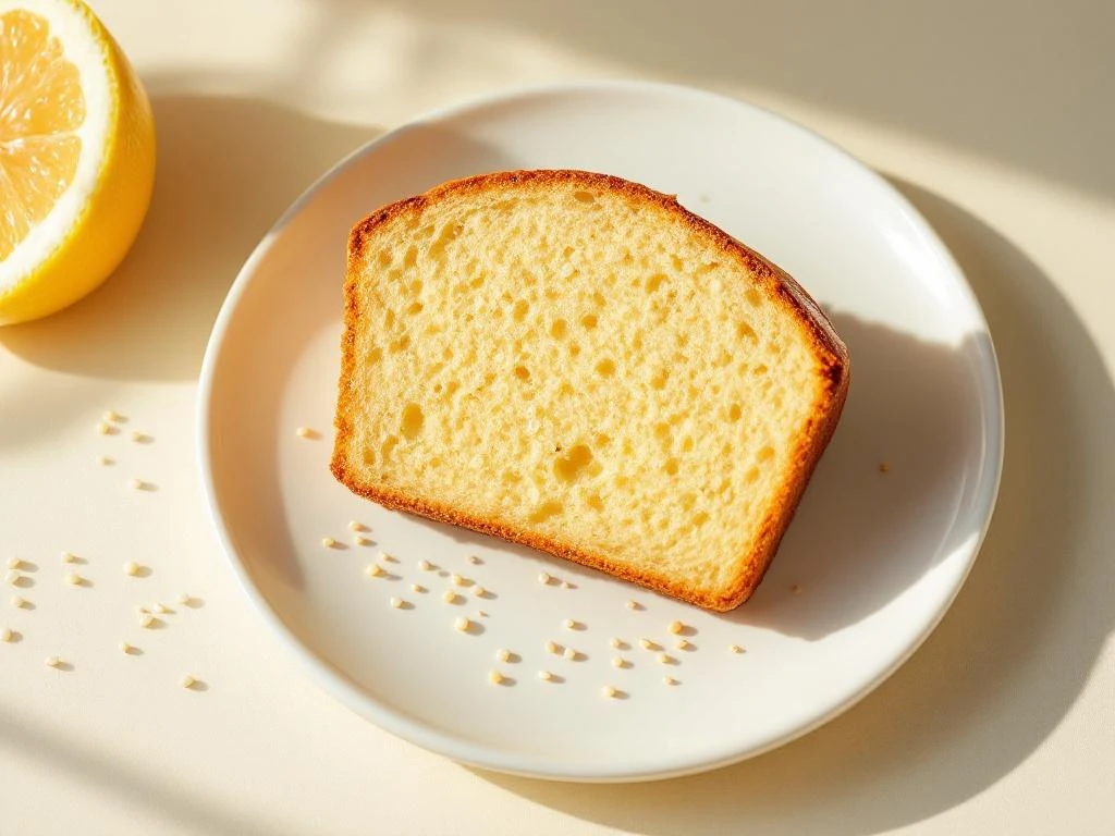 Slice of lemon poppy seed bread on white plate with fresh lemon half and scattered poppy seeds on cream background