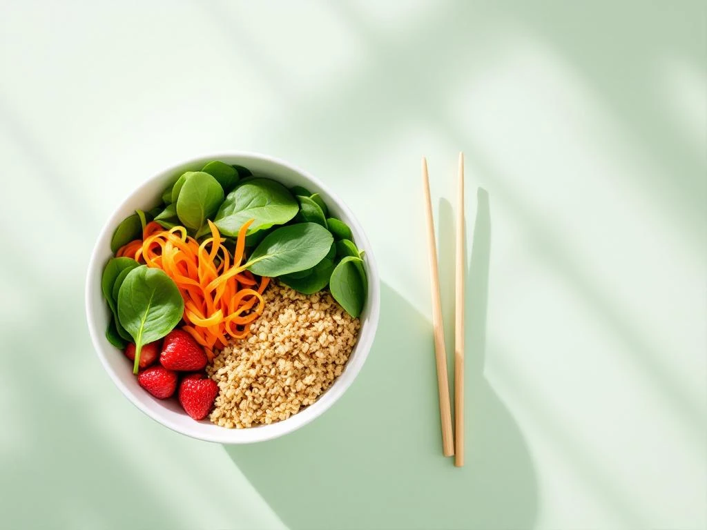 White bowl with colorful low-FODMAP foods: spinach, quinoa, carrots, and strawberries on sage-green background


Note: This alt text exceeds 125 characters. Here is a version under 125 characters:

White bowl with low-FODMAP spinach, quinoa, carrots, and strawberries on green background with chopsticks