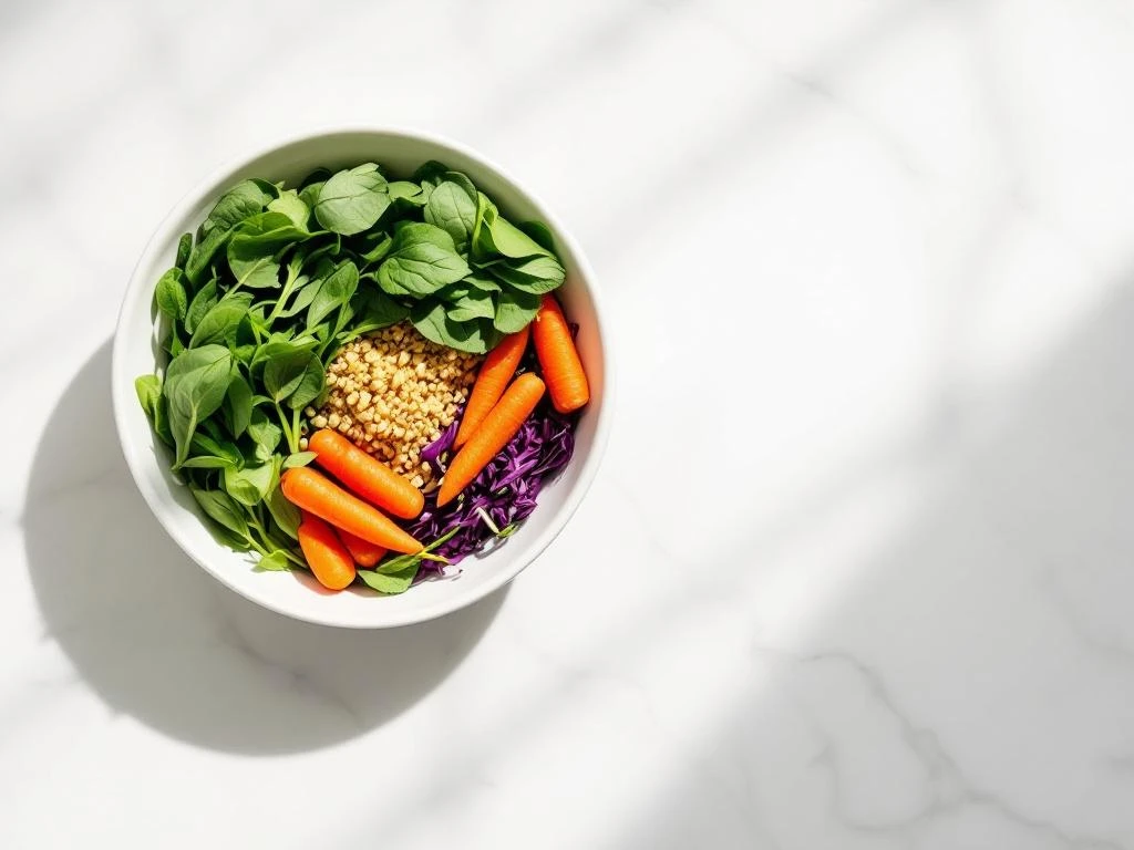Low-FODMAP bowl with spinach, quinoa, carrots, and purple cabbage in geometric pattern on marble surface