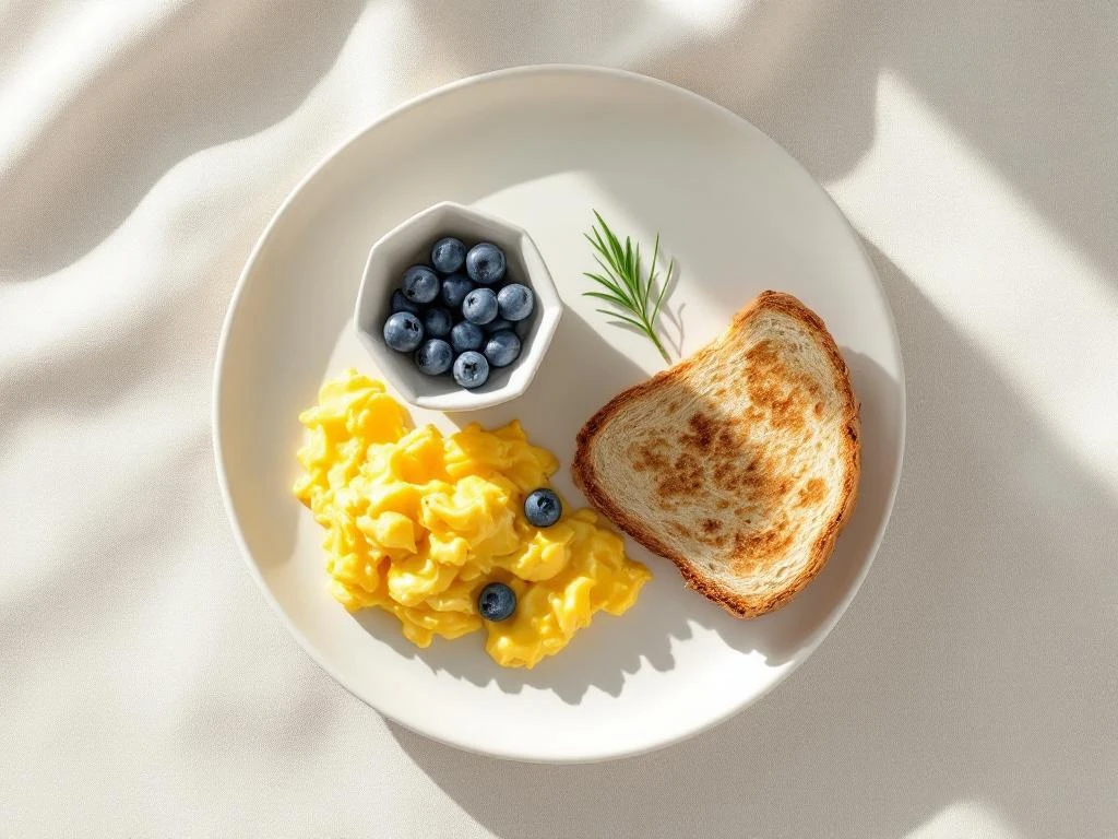 Low FODMAP breakfast plate with scrambled eggs, blueberries, and gluten-free toast on white ceramic with fresh chives