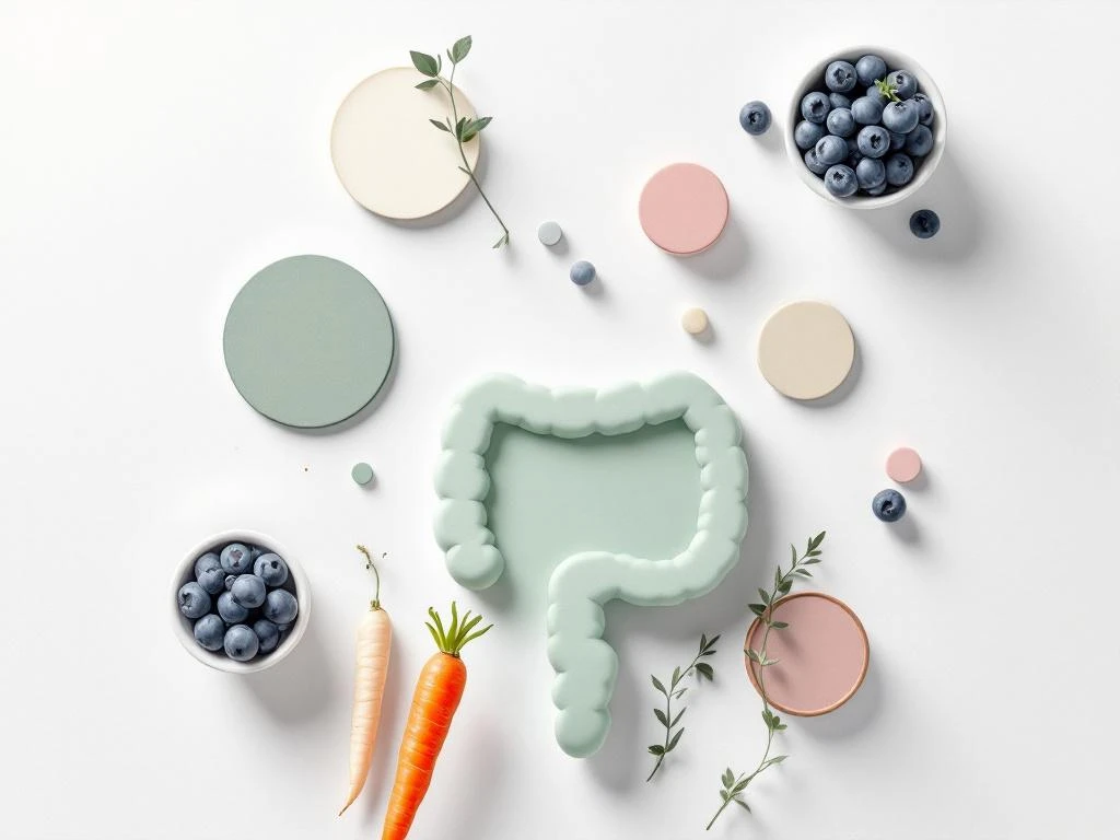 Minimalist overhead view of digestive health concept with spiral intestinal form, FODMAP molecules, and low-FODMAP foods in calming tones