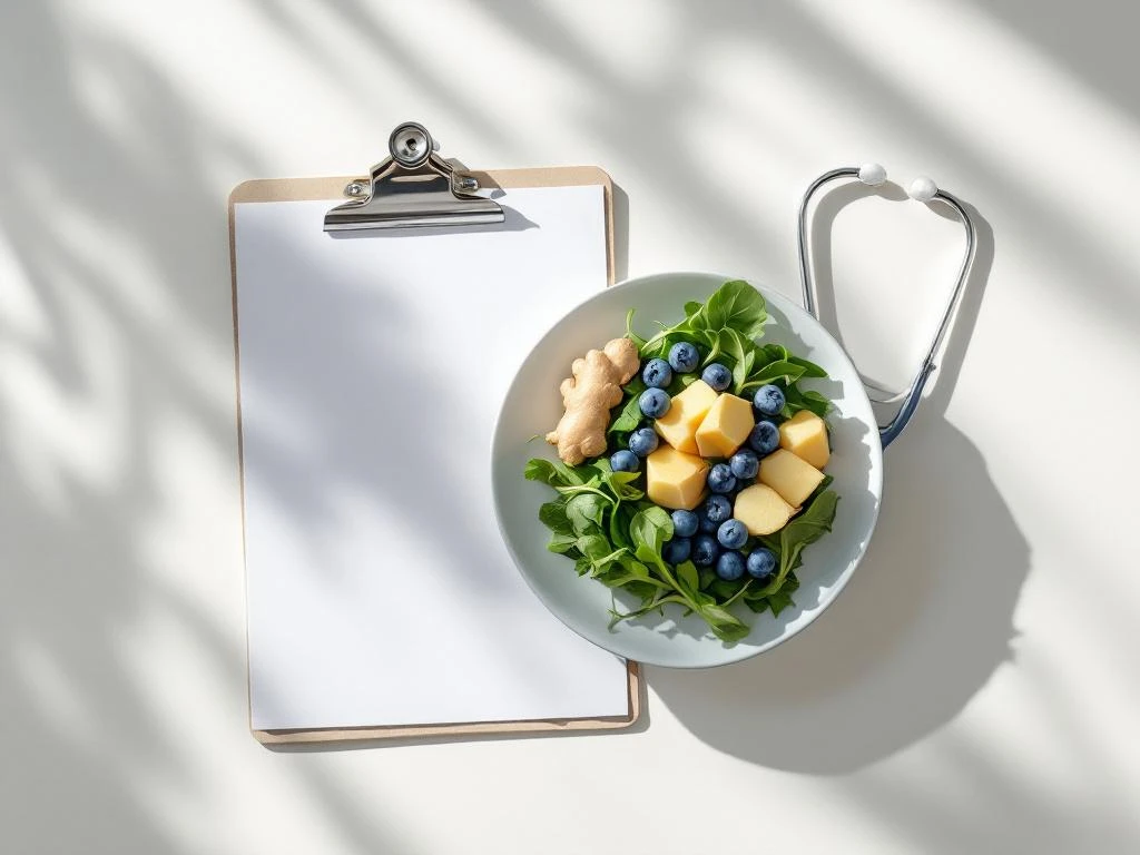 Medical clipboard with blank forms next to white plate of low-FODMAP foods including ginger, blueberries, and greens with stethoscope