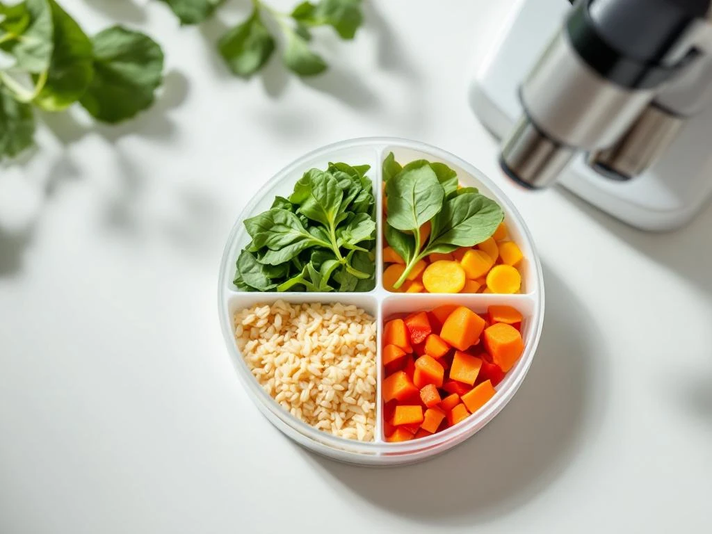 Petri dish with colorful low-FODMAP foods divided into quadrants: spinach, rice, carrots, and bell peppers on white surface