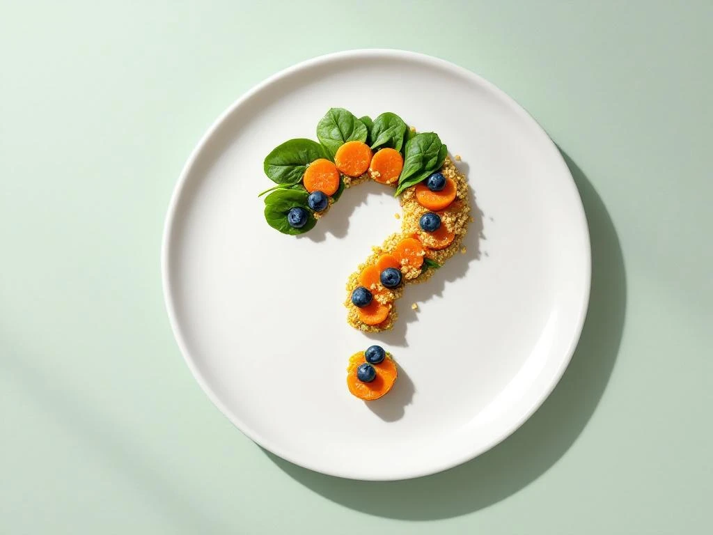 Overhead view of white ceramic plate with sectioned low-FODMAP foods including spinach, quinoa, carrots, and blueberries