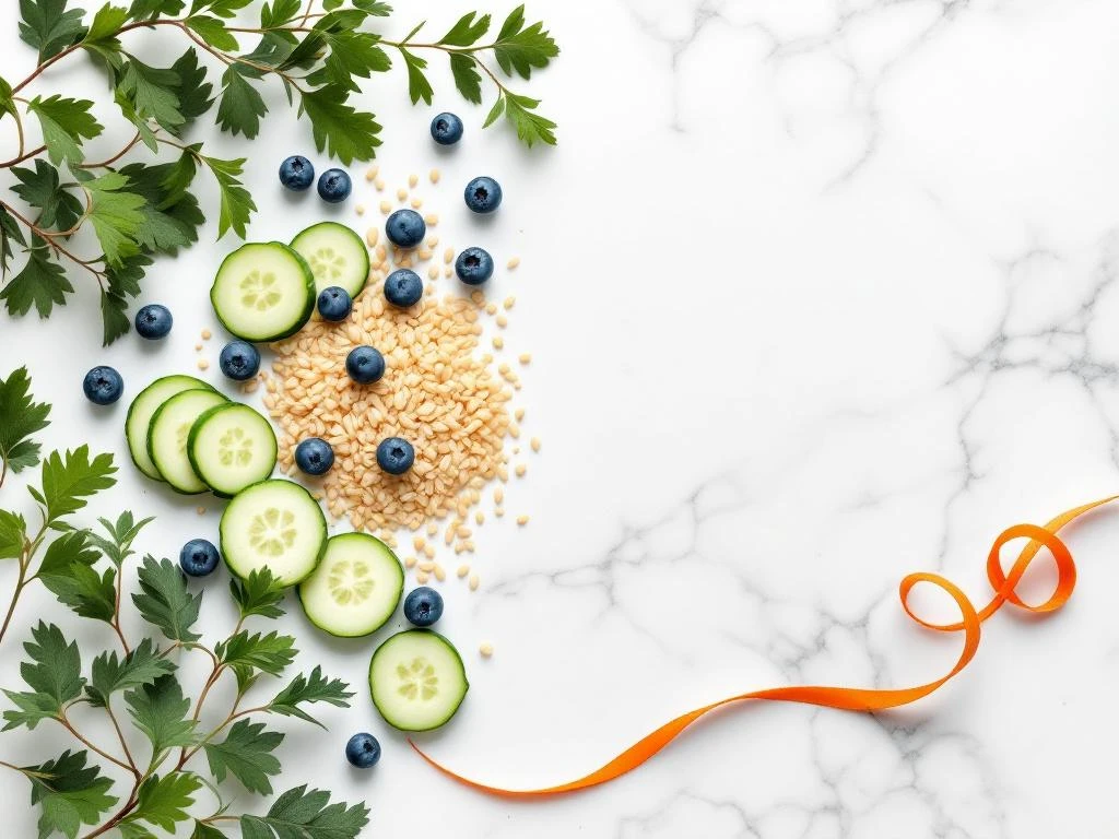 Low-FODMAP ingredients arranged geometrically on white marble: cucumber slices, blueberries, rice grains, and carrot ribbons
