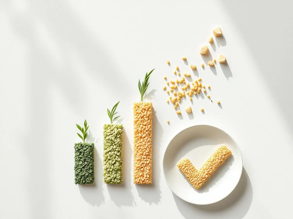 Three ascending bar graphs made from fresh herbs and grains beside a plate with low-FODMAP foods forming a checkmark on white surface