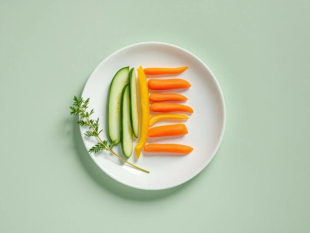 White plate with colorful low-FODMAP vegetables arranged in parallel lines on sage green background with fresh herbs