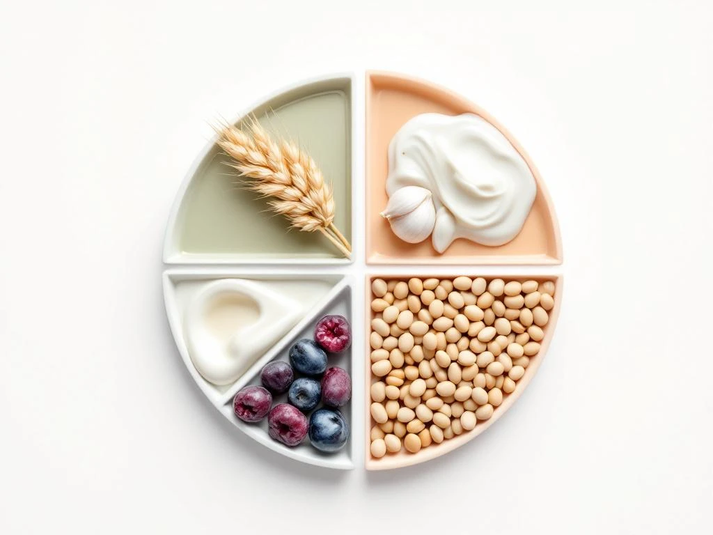 Overhead view of six food groups arranged in circular pattern: wheat, garlic, honey, dairy, plums, and legumes on white background