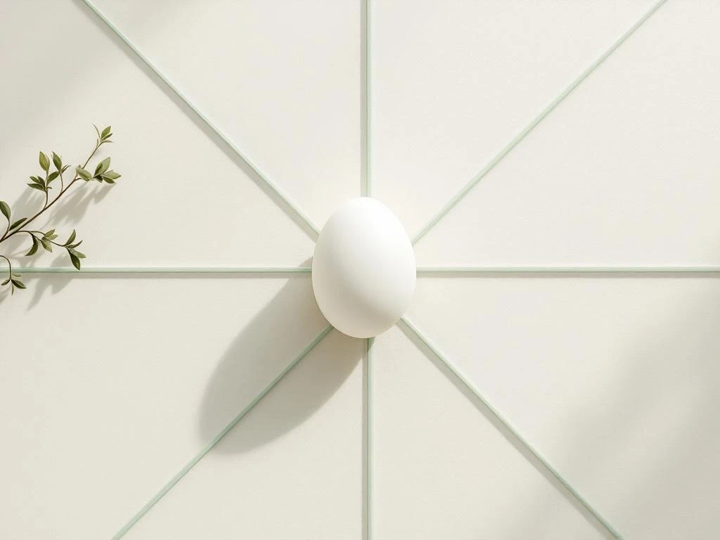 White egg centered on cream surface with sage green grid lines and herb sprig in minimalist overhead composition