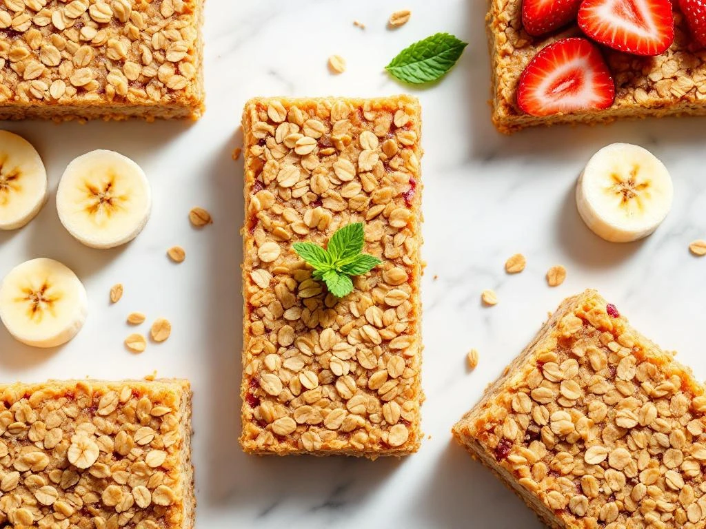 Golden oat bars with fresh strawberries and banana slices arranged on white marble surface with mint leaf accent