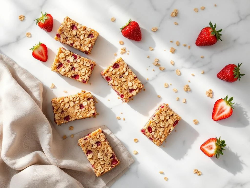 Homemade oat breakfast bars with strawberry filling on white marble surface with fresh strawberries and beige linen napkin