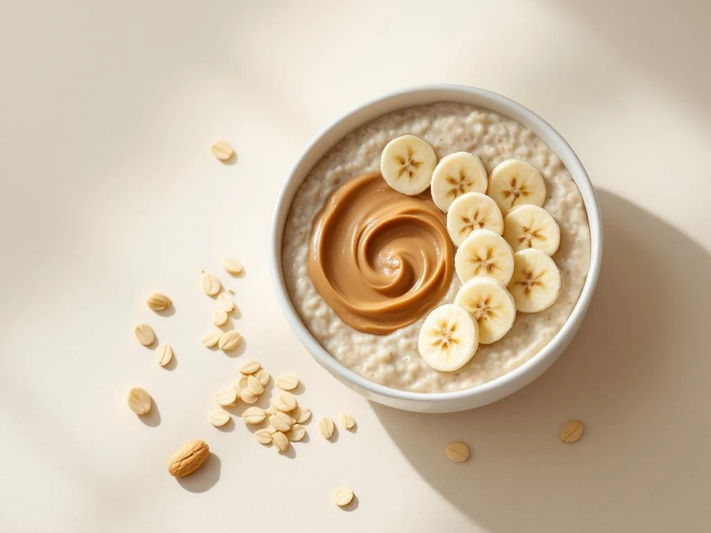 Oatmeal bowl with banana slices and peanut butter swirl, topped view with scattered oats on ivory background