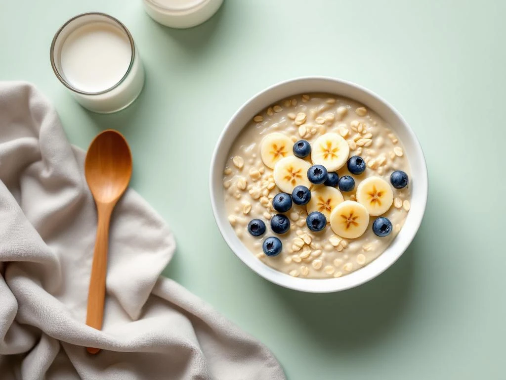 Oatmeal bowl with blueberries and banana slices on sage green surface with milk glass and wooden spoon overhead view