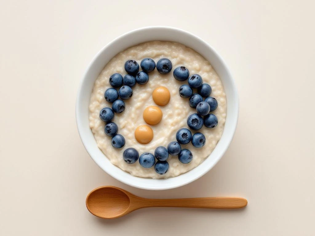 Overhead view of oatmeal bowl with blueberries and peanut butter dollops on beige surface with wooden spoon