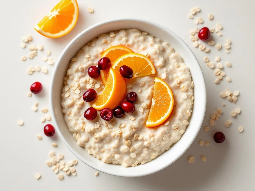 Overhead view of oatmeal bowl topped with orange segments and cranberries on neutral background