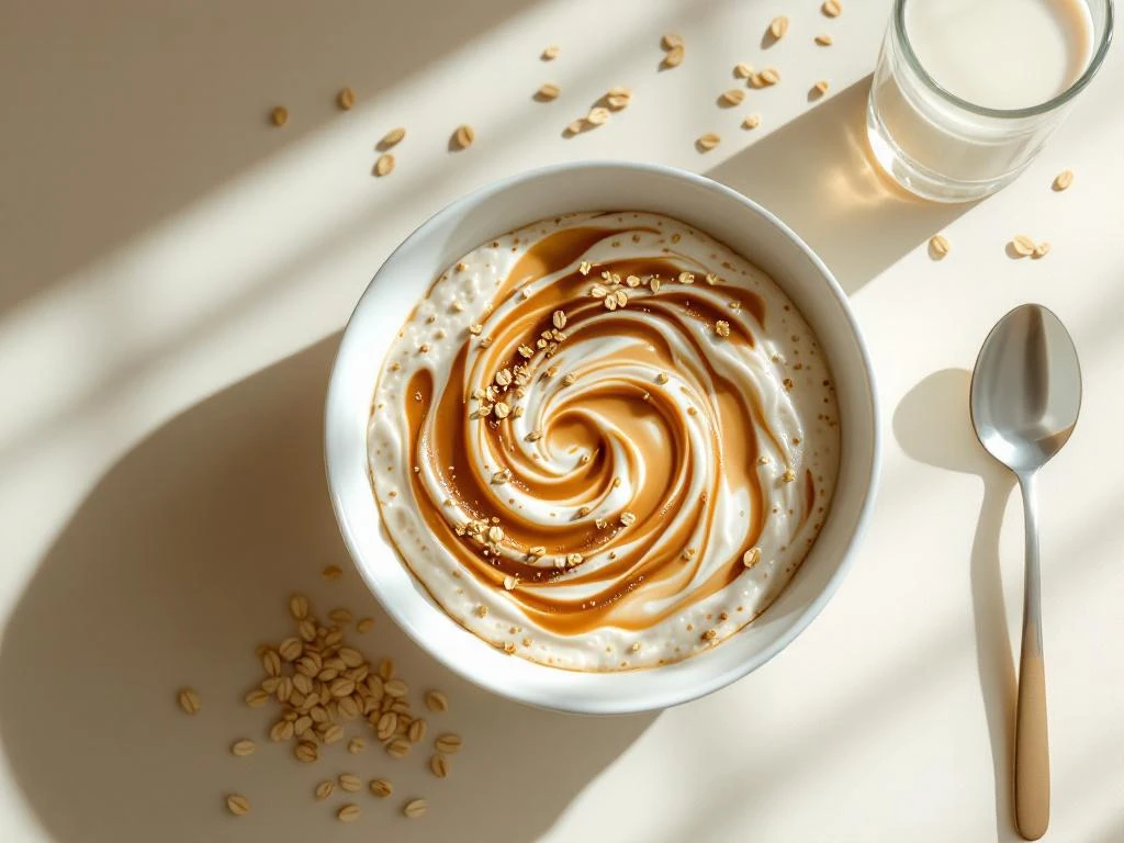 Bowl of creamy oatmeal with cappuccino foam art, glass of oat milk, and scattered oats on beige surface